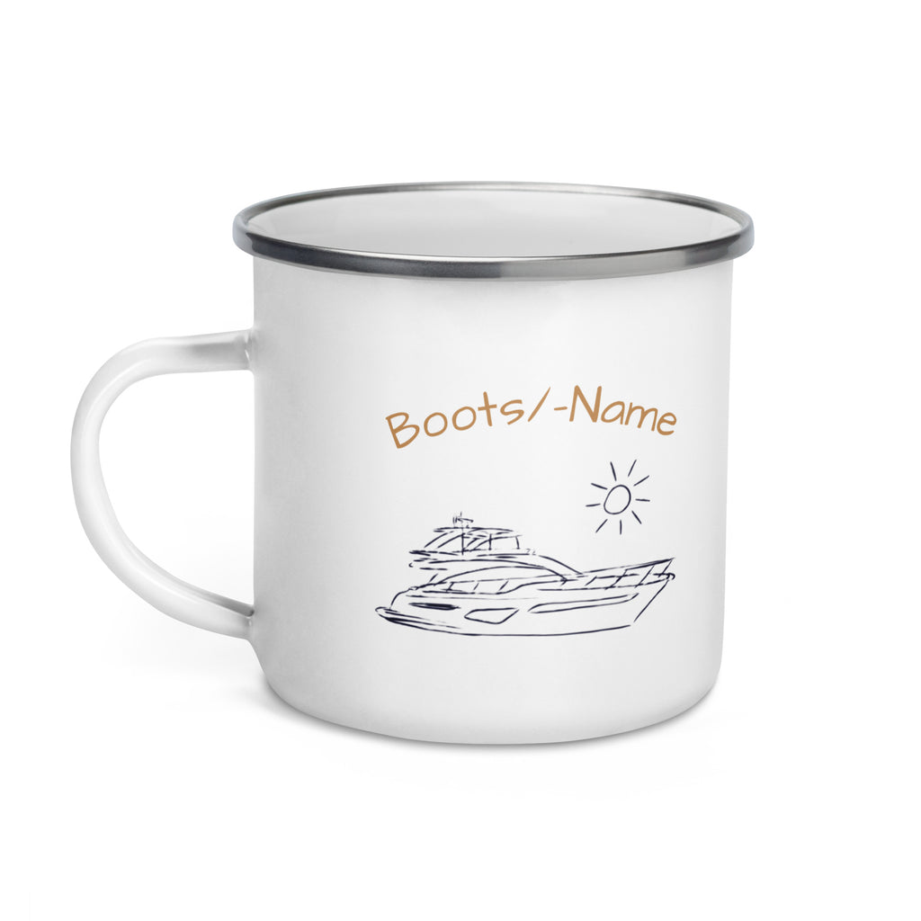 Maritime personalisierte Emaille-Tasse mit Motoryacht-Motiv mit Bootsnamen