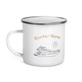 Maritime personalisierte Emaille-Tasse mit Motoryacht-Motiv mit Bootsnamen