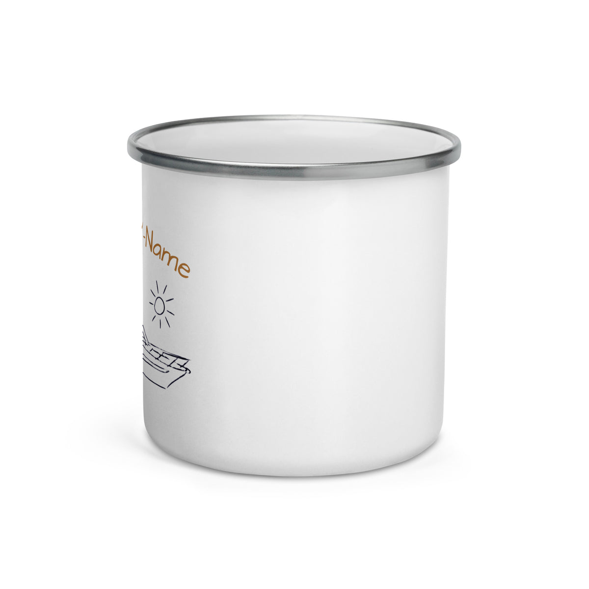 Emaille-Tasse Motoryacht personalisiert – Geschenk für Motorbootfahrer