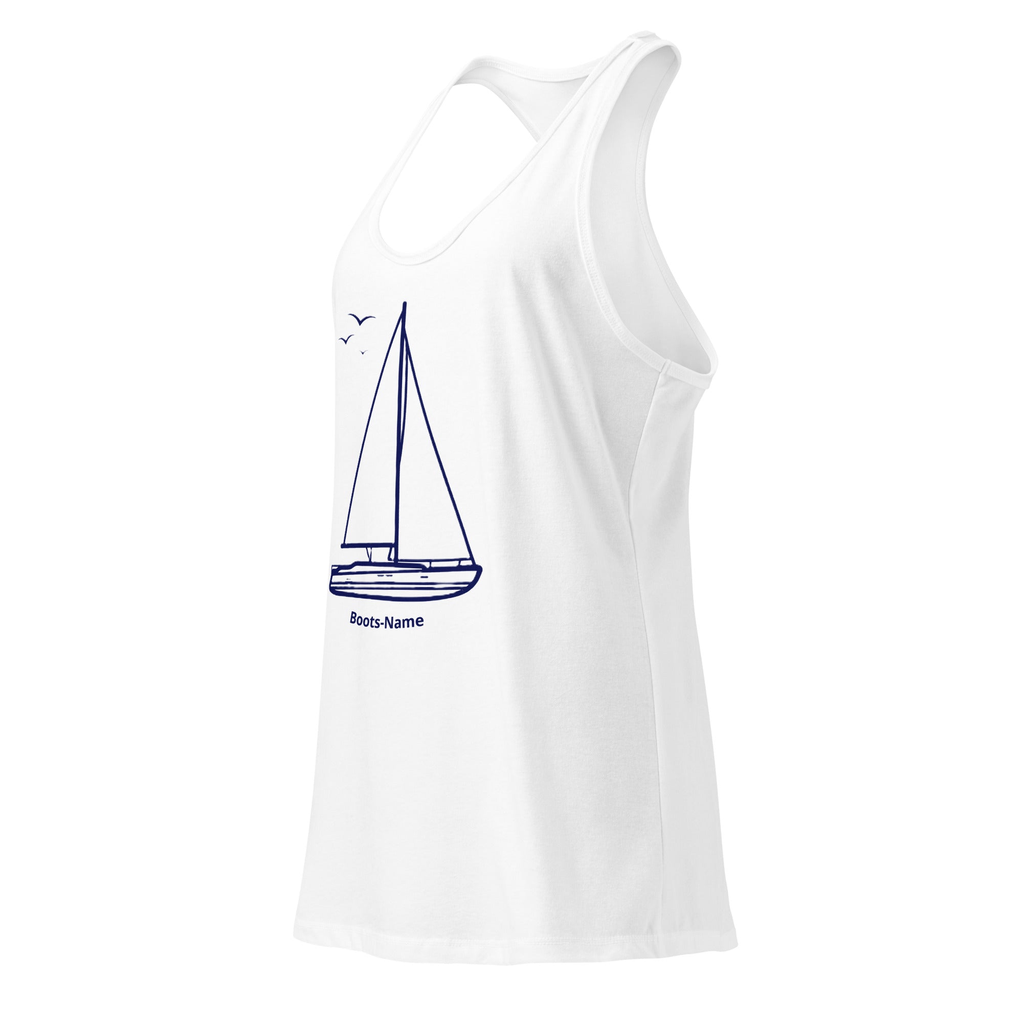 Maritimes personalisiertes Racerback-Tanktop mit Segelboot-Motiv und Namen