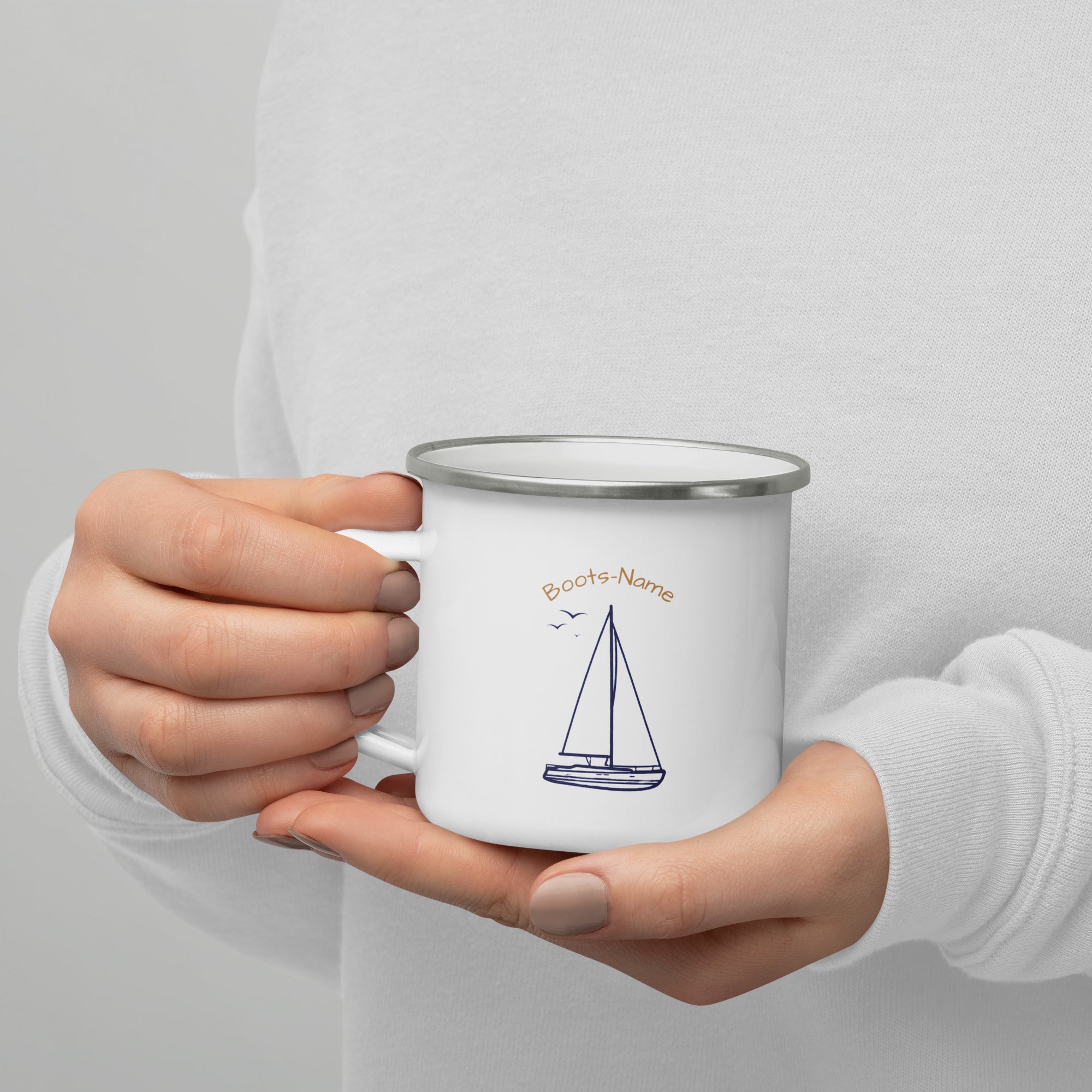 Bruchsichere personalisierte Emaille-Tasse Segelboot-Motiv