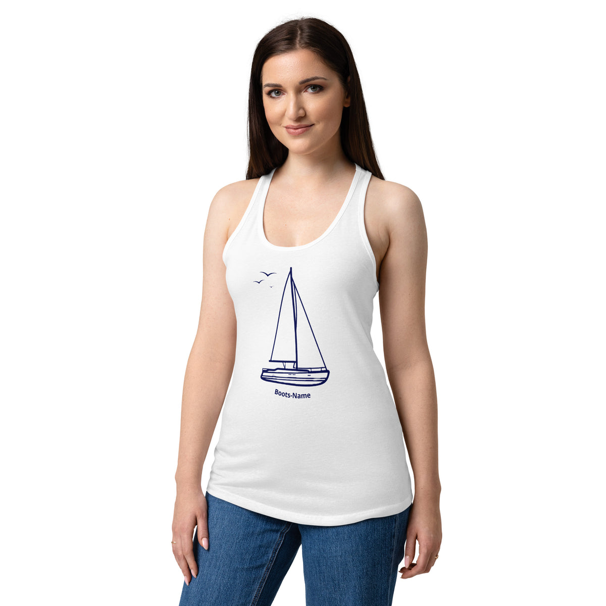 Maritimes personalisiertes Racerback-Tanktop mit Segelboot-Motiv und Namen
